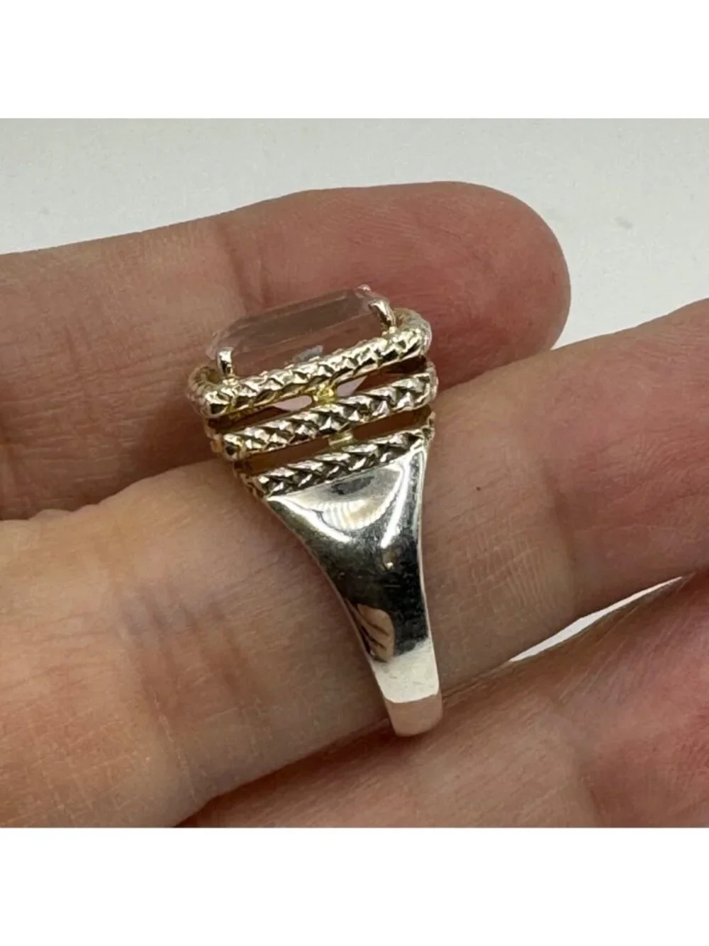 Rose Quartz Prong Set Ring Two Tone 925 Sterling Silver Size 8